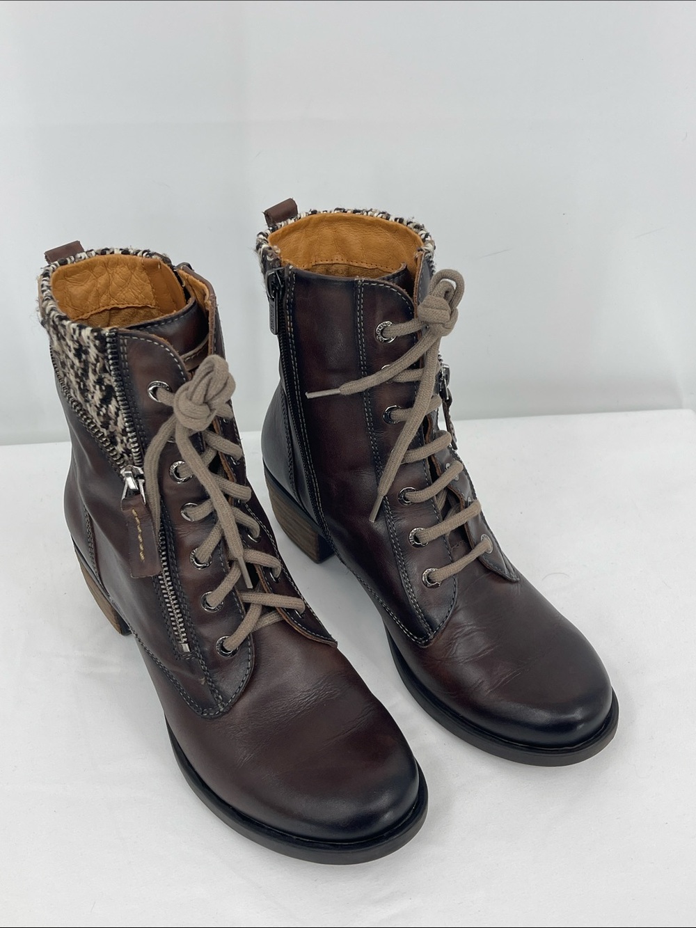 PIKOLINOS SIZE 38 Women’s Brown Lace-Up /ZIP UP Ankle Boots with Knit Collar